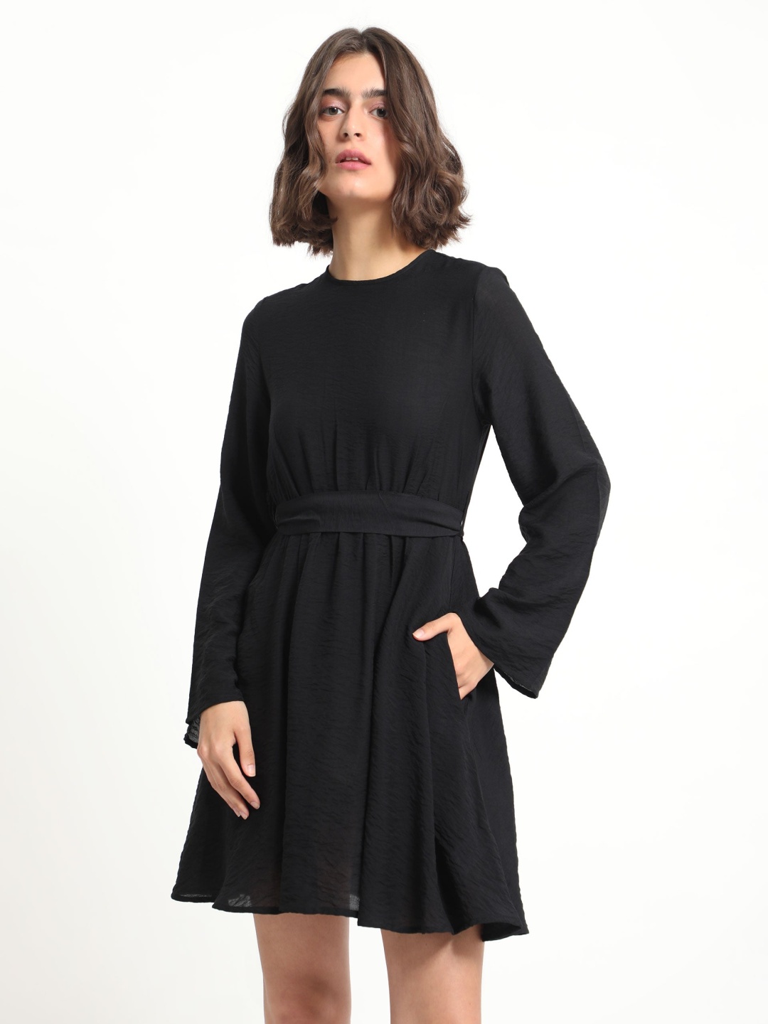 

RAREISM Round Neck Flared Sleeves Gathered Fit & Flare Dress, Black