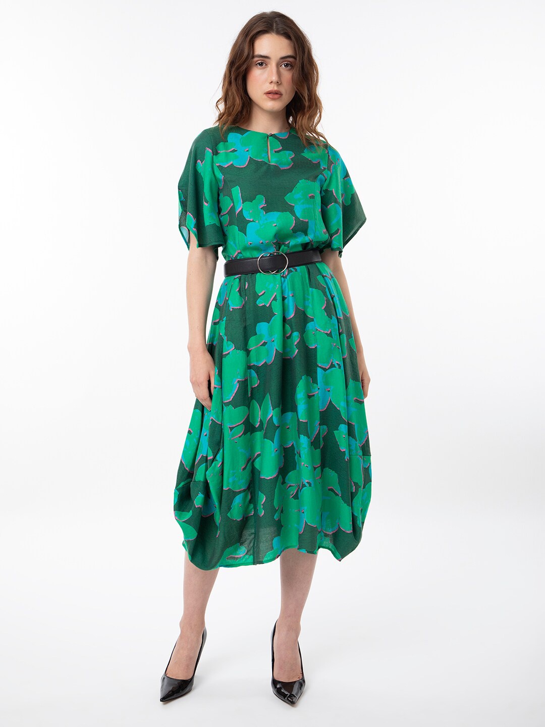 

RAREISM Abstract Printed Slit Sleeves Drape A-Line Midi Dress, Green