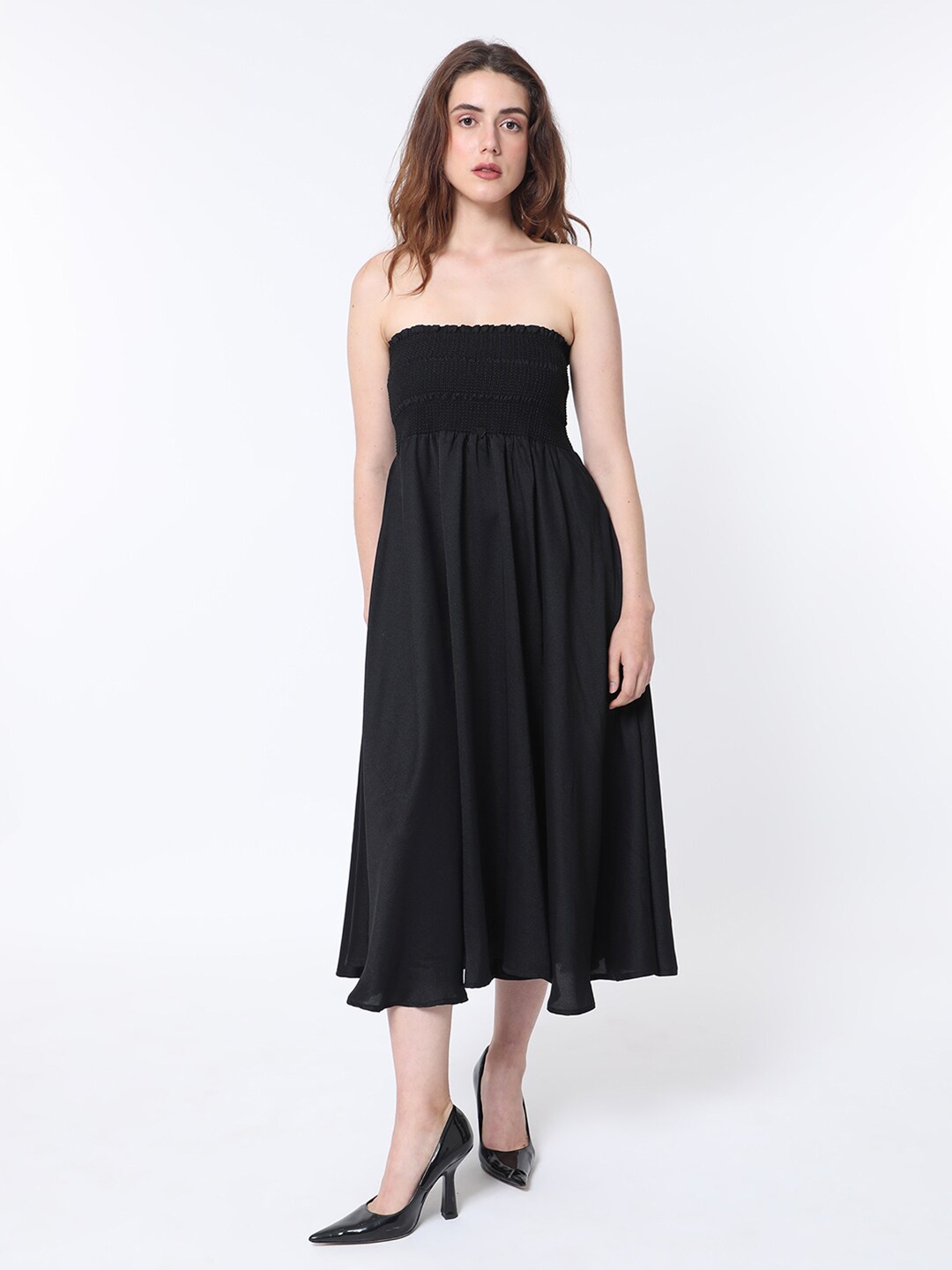 

RAREISM Strapless Sleeveless Smocked Detail Fit & Flare Tube Dress, Black