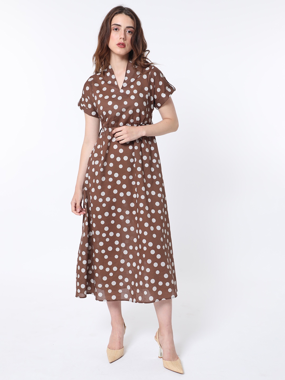 

RAREISM Polka Dot Printed V-Neck Roll-Up Sleeves Cotton A-Line Dress, Brown