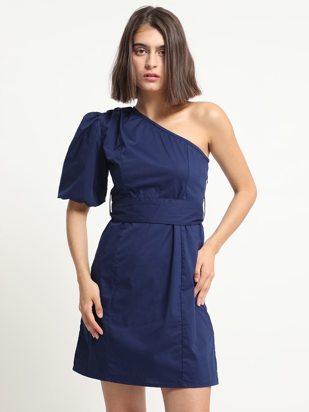 

RAREISM One Shoulder Belted Detailed A-Line Poplin Dress, Navy blue