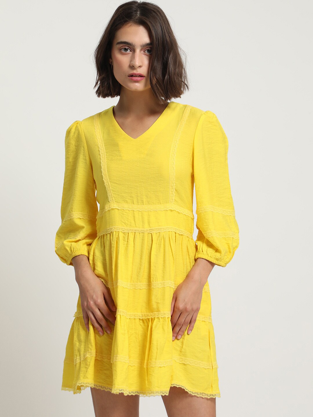 

RAREISM V-Neck Puff Sleeves Lace Inserts Cotton Fit & Flare Dress, Yellow