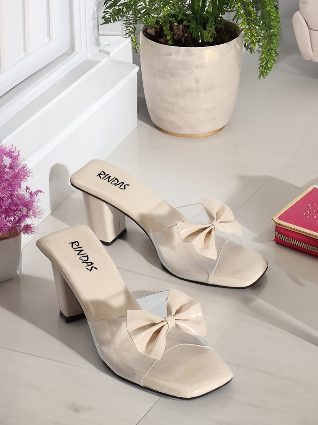 

RINDAS Open Toe Block Heels With Bows, Cream