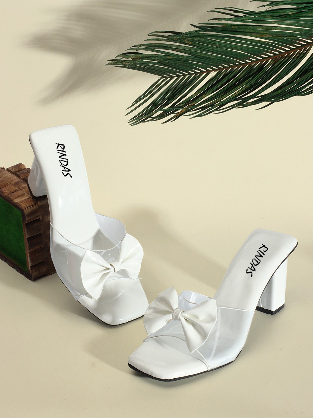 

RINDAS Open Toe Block Heels With Bows, White