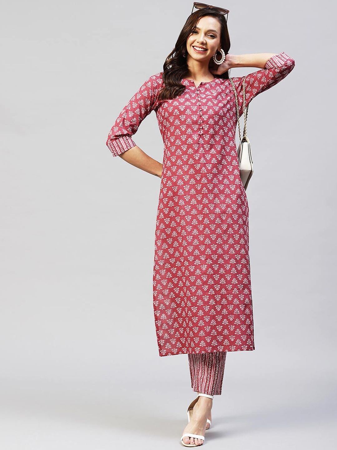 

Bollyclues Ethnic Motifs Printed Pure Cotton Straight Kurta with Trousers, Maroon