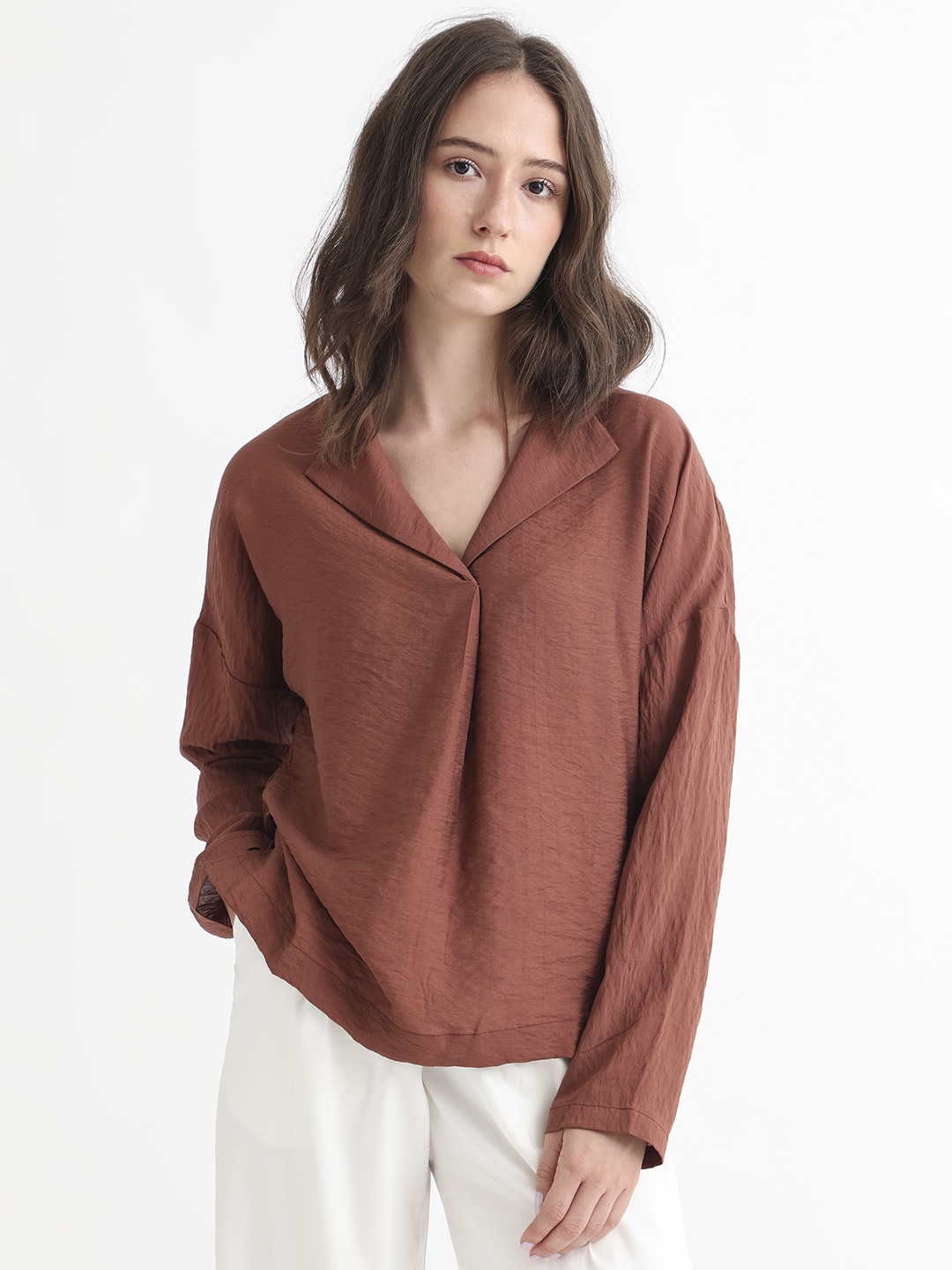 

RAREISM Shirt Collar Long Sleeves Top, Brown