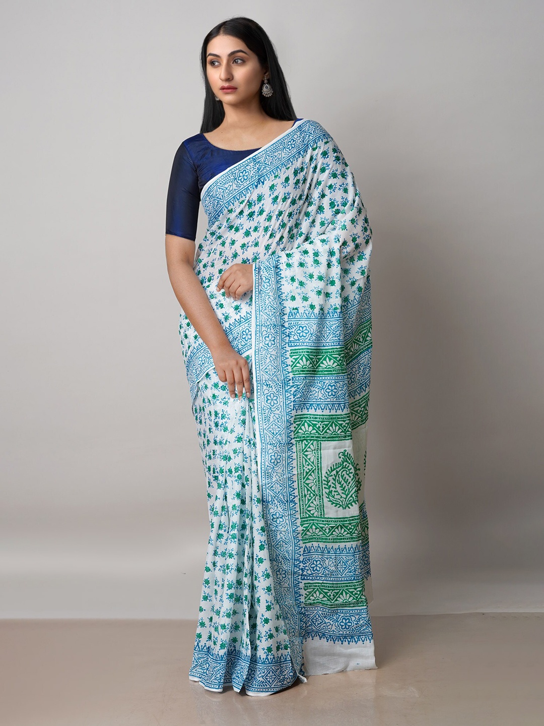 

Unnati Ethnic Motifs Pure Cotton Block Print Saree, White