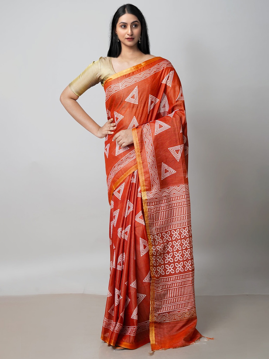 

Unnati Silks Geometric Printed Zari Cotton Silk Chanderi Saree, Orange