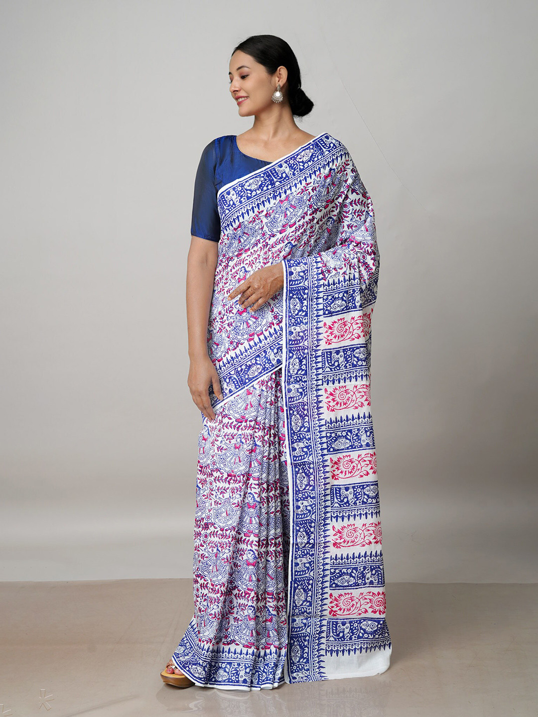 

Unnati Ethnic Motifs Pure Cotton Block Print Saree, White