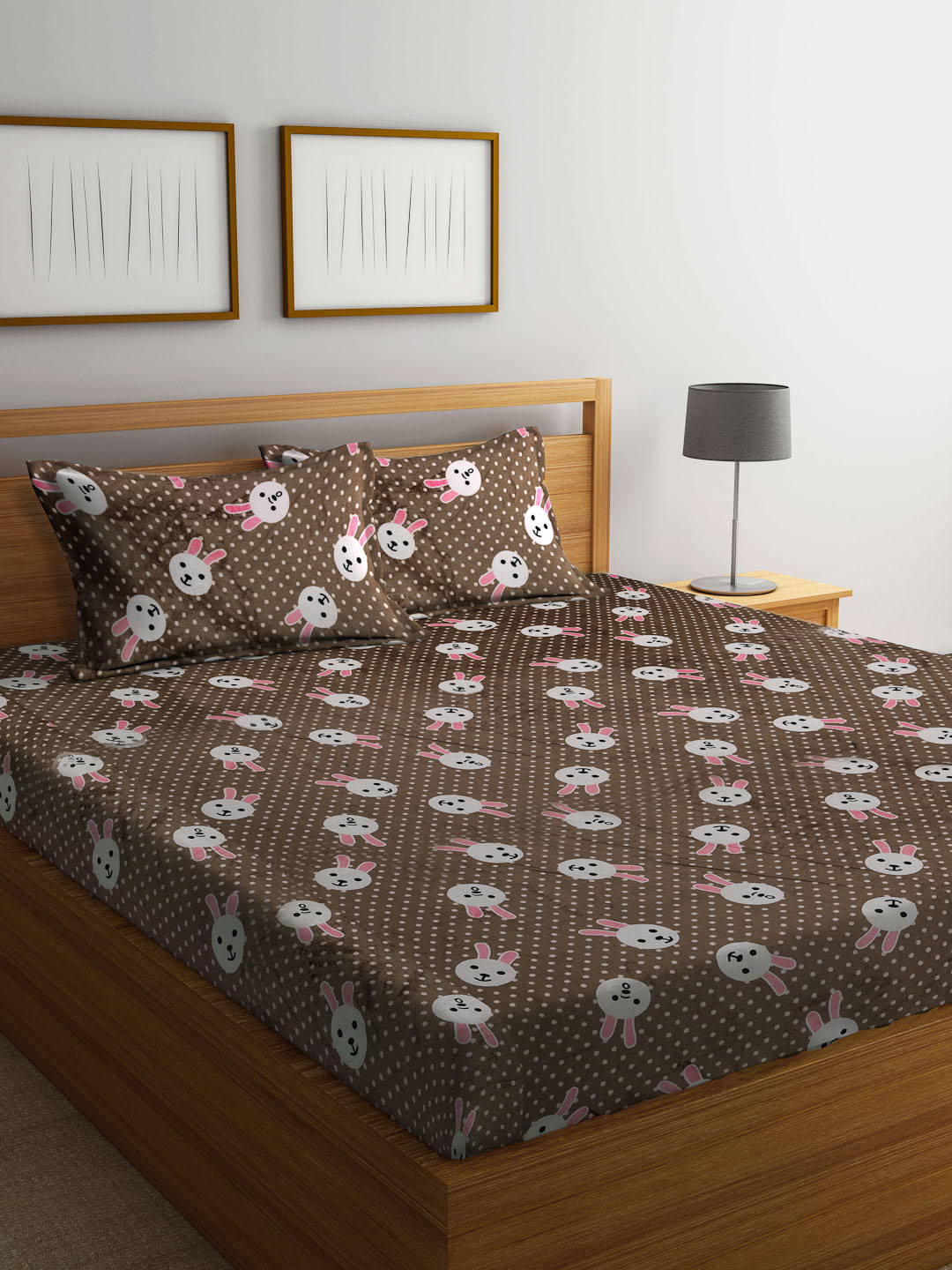 

KLOTTHE Brown & White Bunny Printed Woolen 300 TC Double King Bedsheet & 2 Pillow Covers
