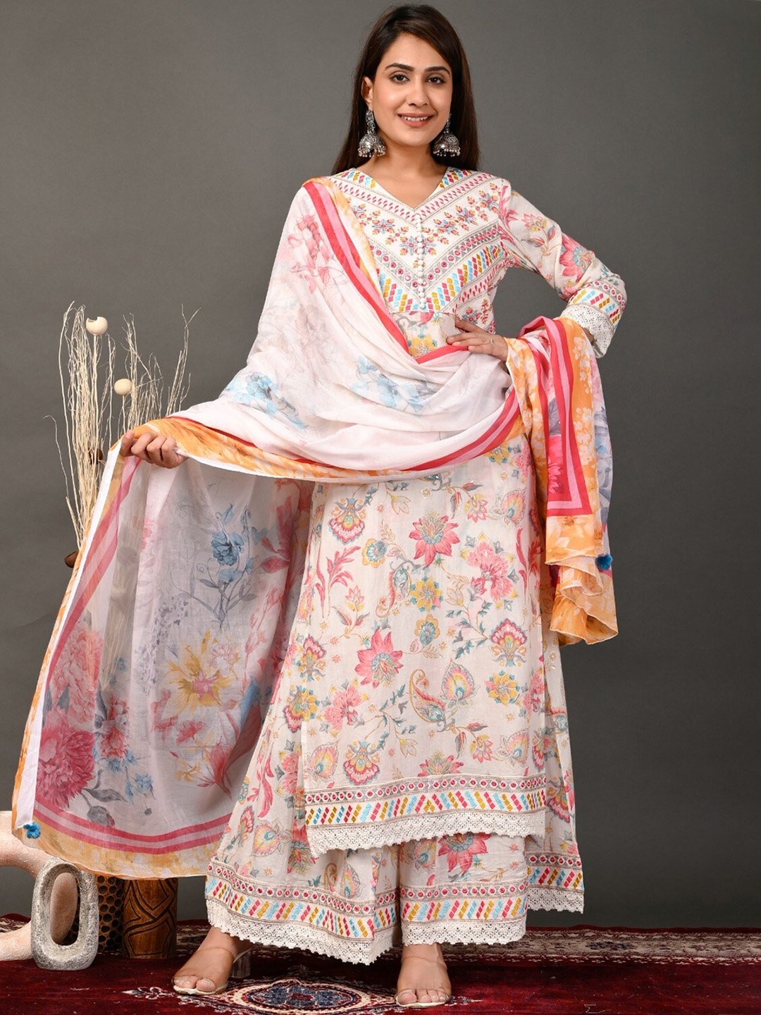 

Sangria Embroidered Pure Cotton Kurta With Sharara & Dupatta, White