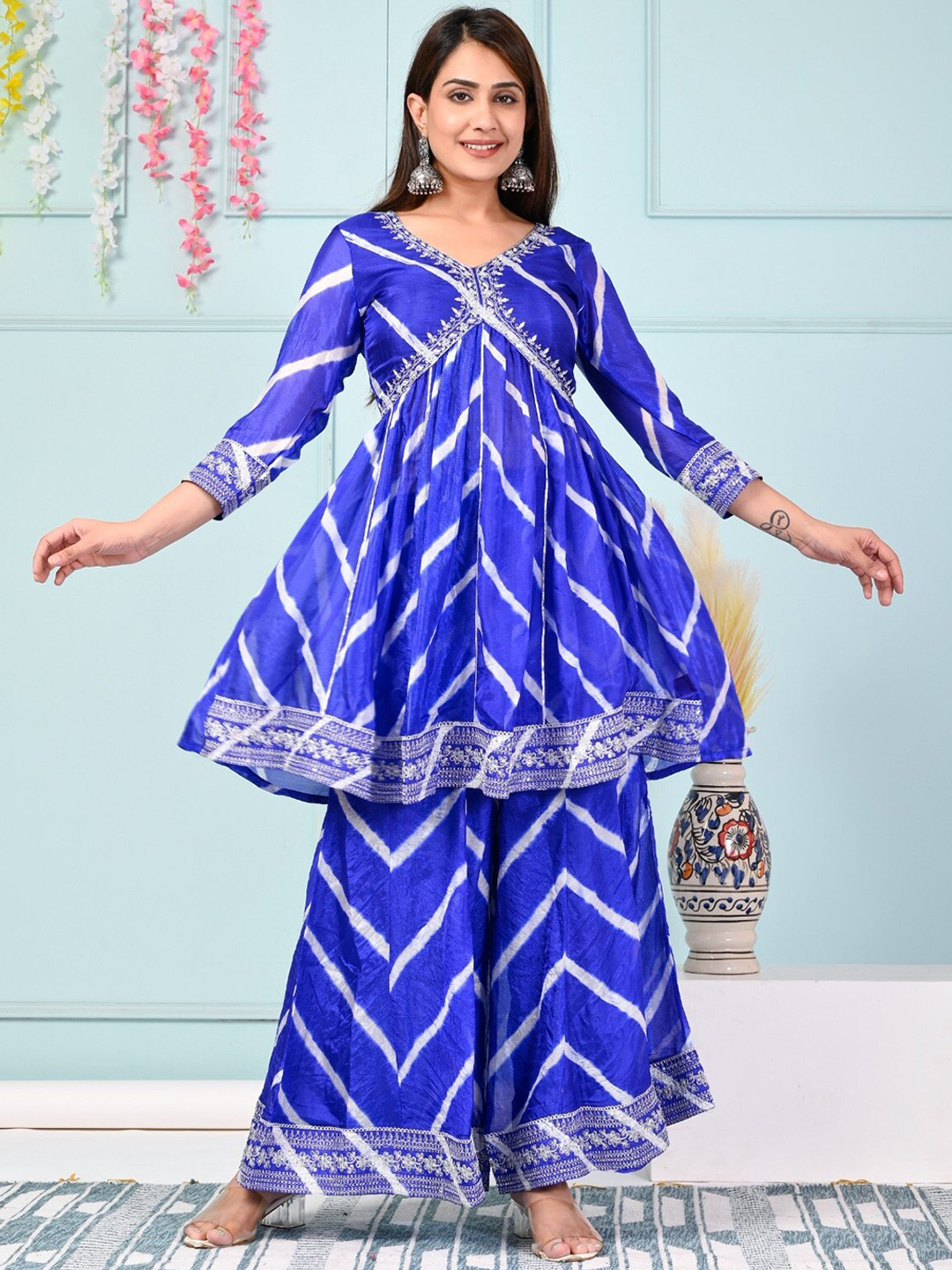 

Sangria Leheriya Embroidere Kurta With Sharara & Dupatta, Blue