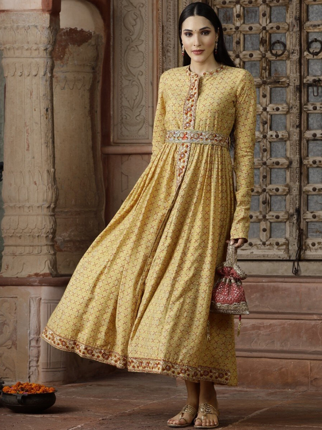 

Sangria Floral Printed Mandarin Collar Anrakali Silk Kurta, Mustard