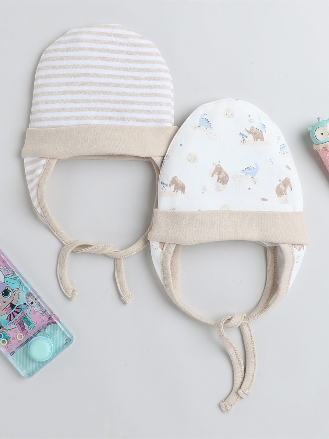 

BUMZEE Infants Boys Pack Of 2 Tie-Up Detail Cotton Beanies, Beige