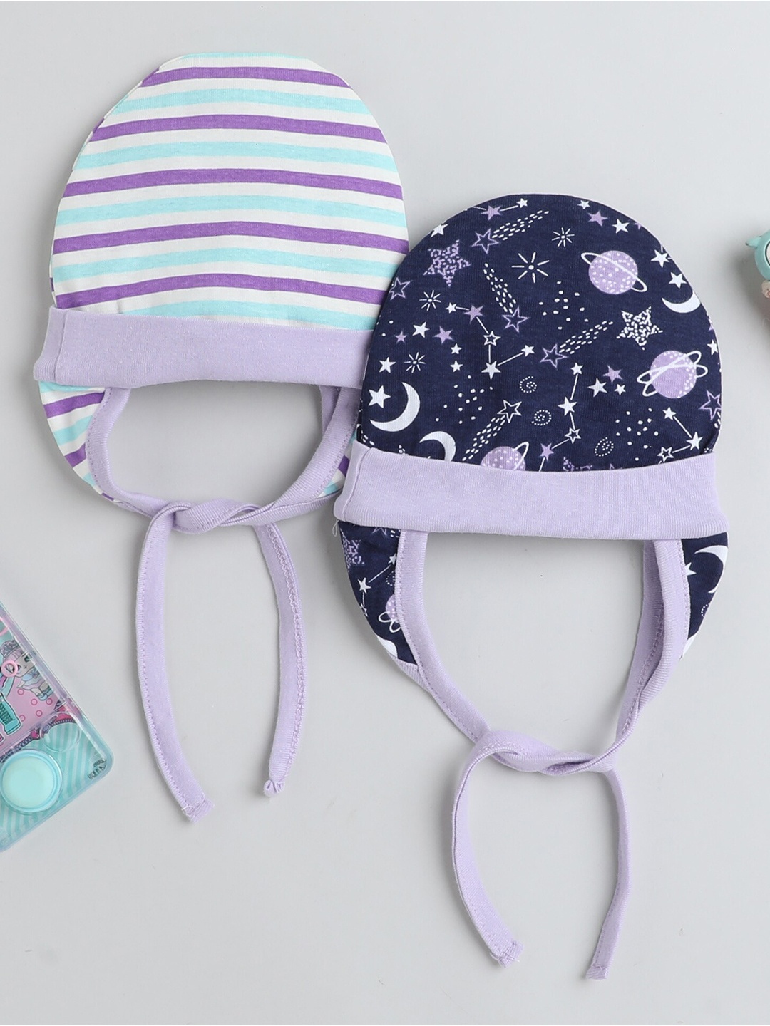 

BUMZEE Infants Girls Pack Of 2 Printed Beanie, Navy blue