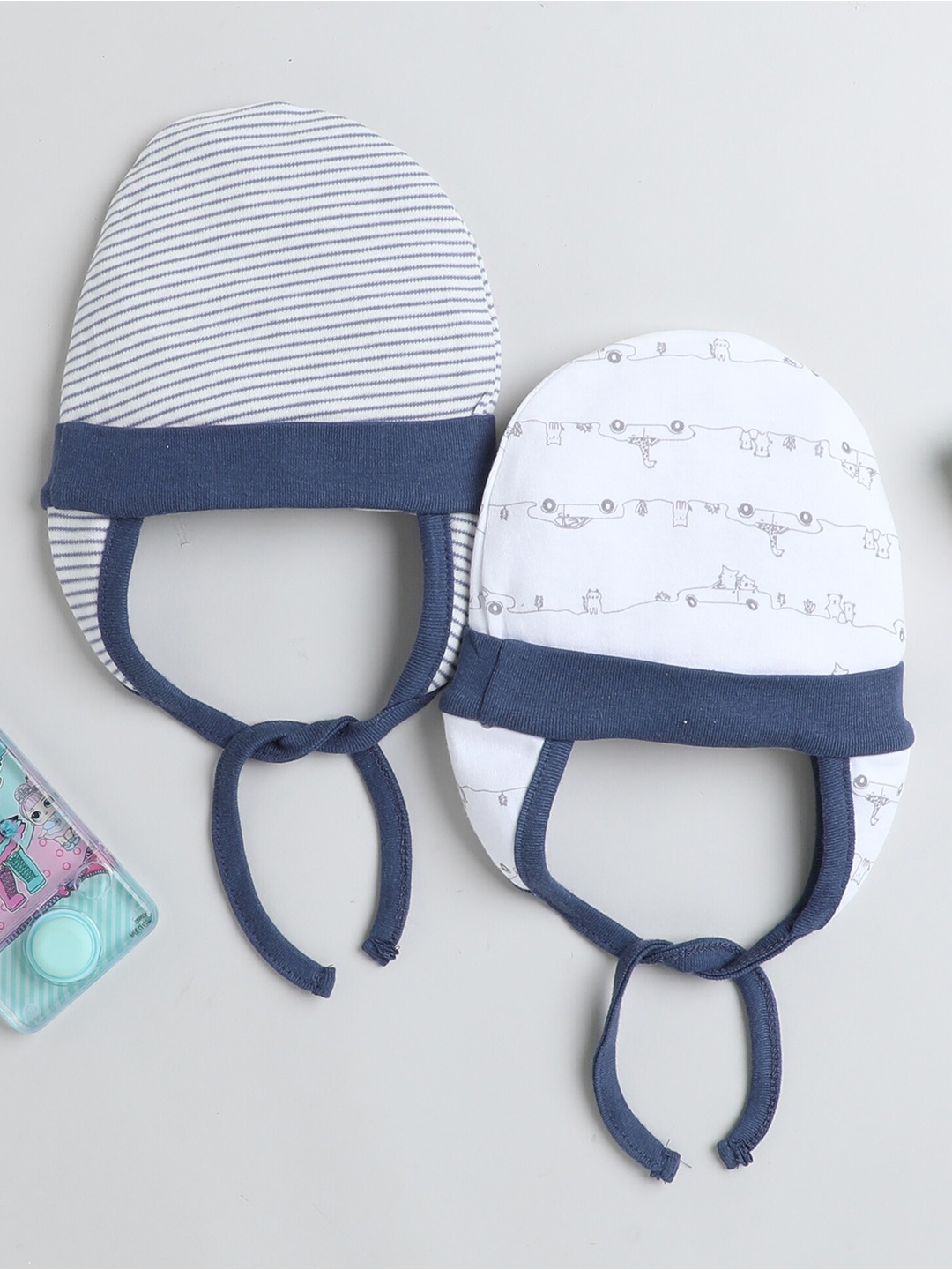 

BUMZEE Infant Boys Pack Of 2 Printed Cotton Beanies, Navy blue