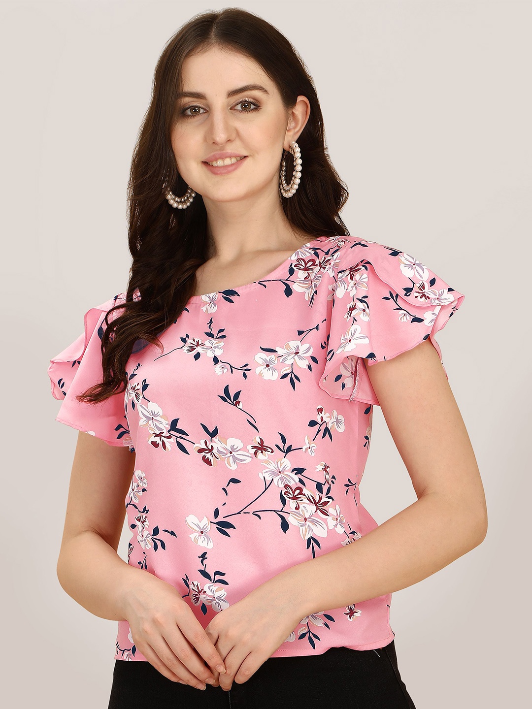 

BAESD Floral Print Flutter Sleeve Crepe short Top, Pink