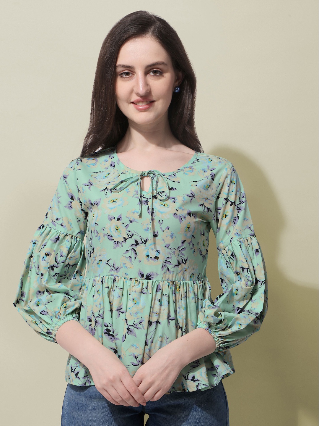 

BAESD Floral Print Puff Sleeve Crepe Peplum Top, Green