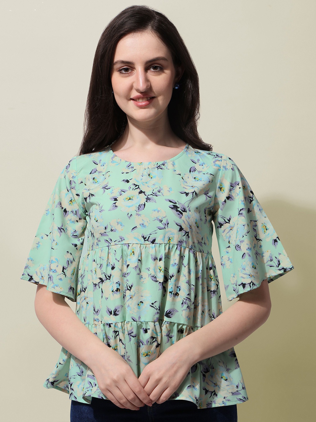 

BAESD Floral Printed Tiered Flared Sleeve Peplum Top, Green