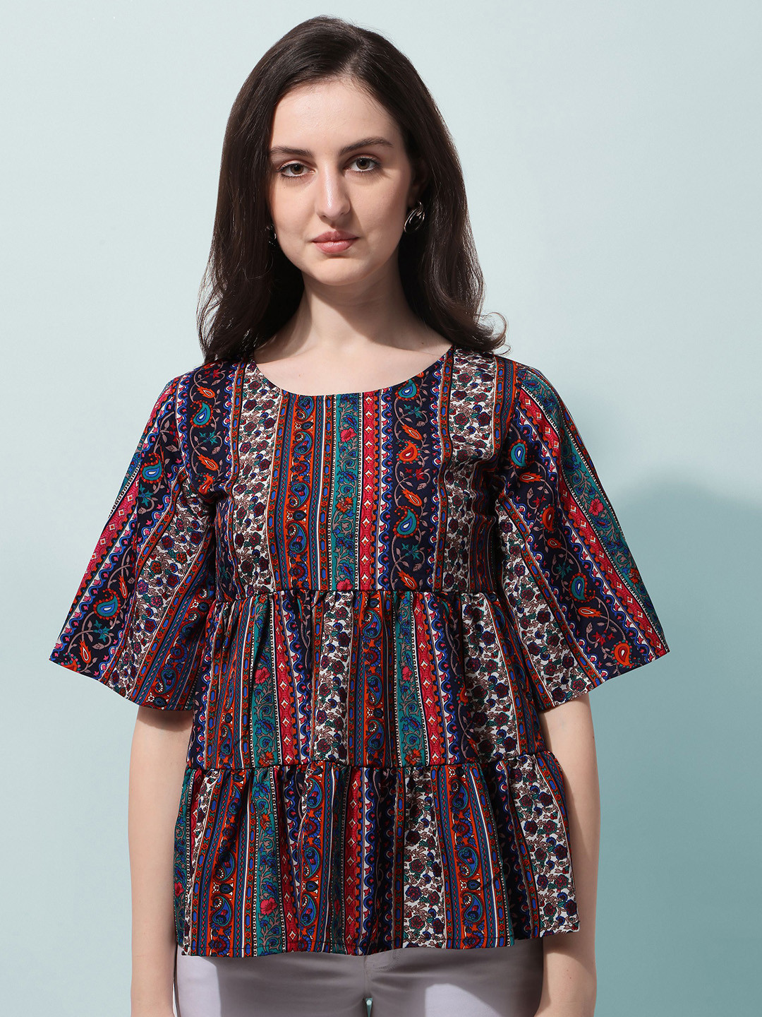 

BAESD Tribal Print Crepe Tiered Top, Black