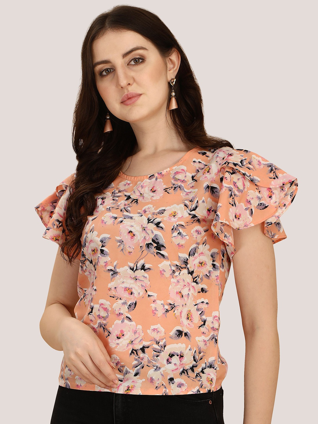 

BAESD Orange Floral Print Flutter Sleeve Crepe short Top