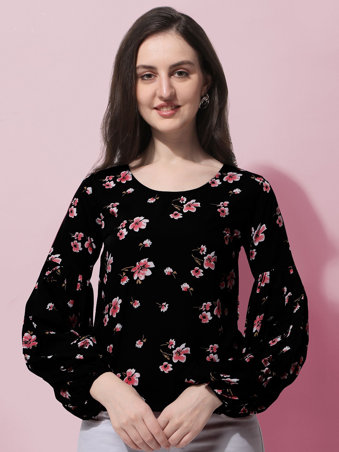 

BAESD Floral Print Puff Sleeve Crepe Top, Black