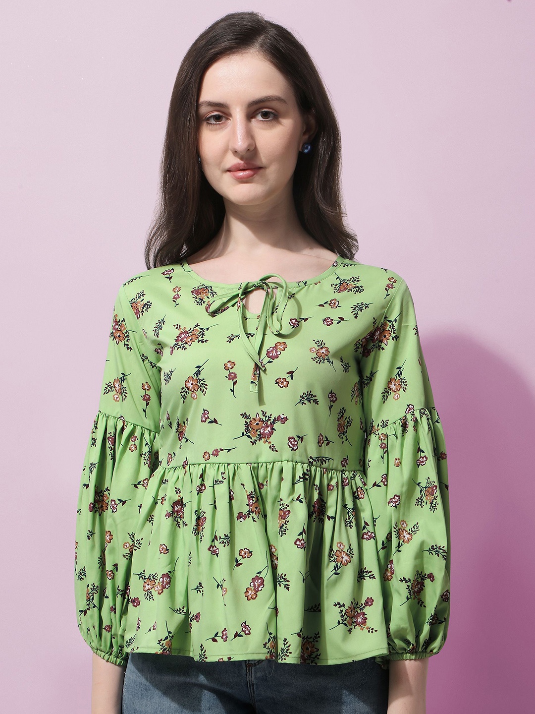 

BAESD Floral Print Puff Sleeve Crepe Peplum Top, Green