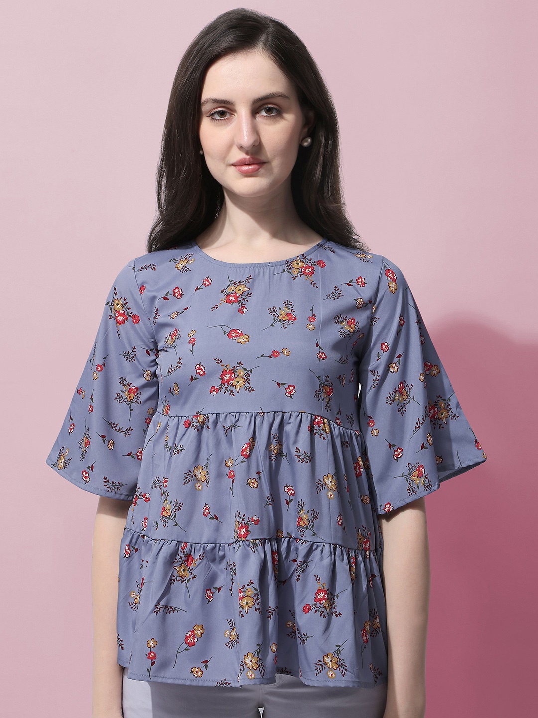 

BAESD Floral Print Crepe Tiered Top, Grey