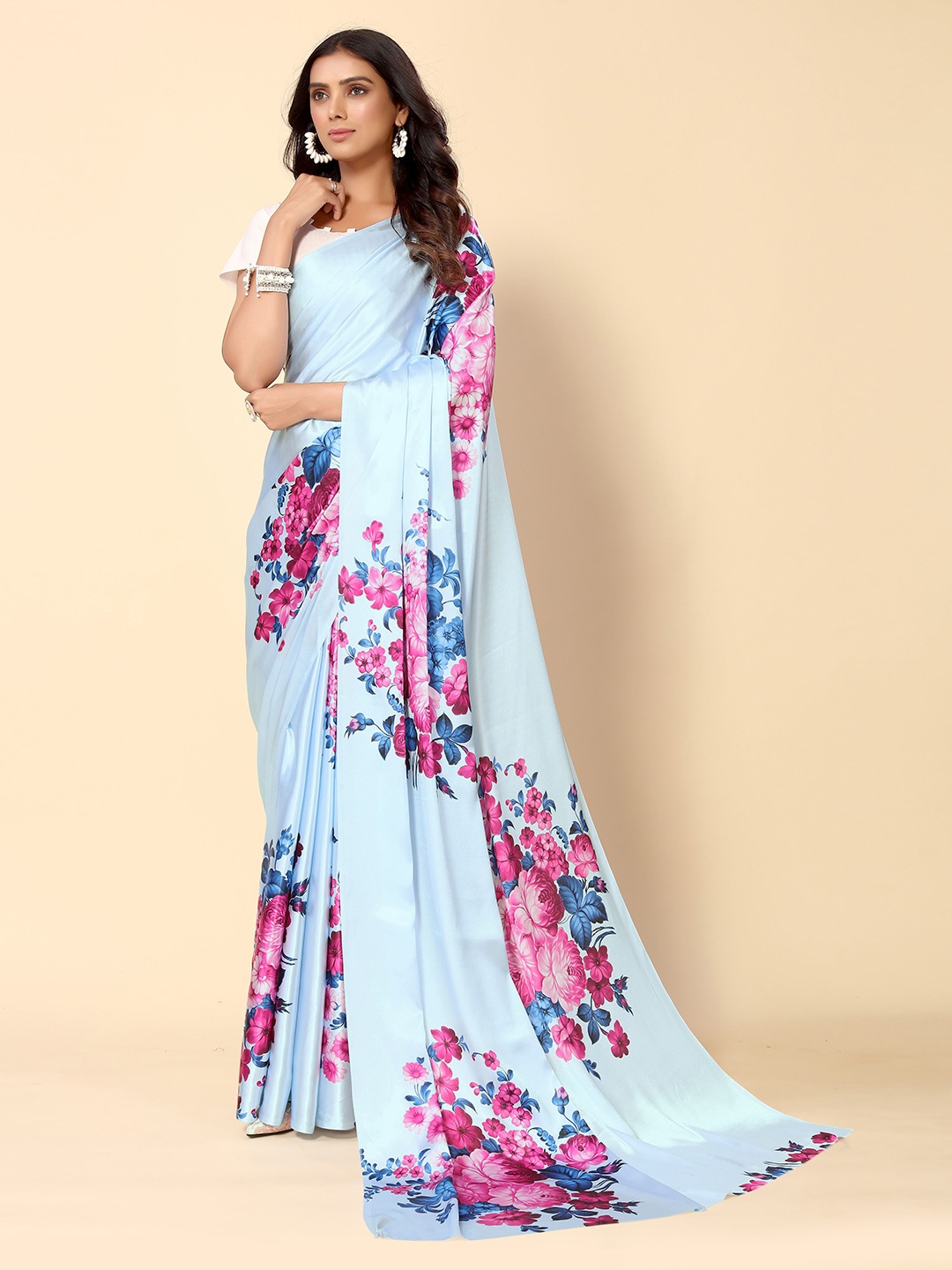 

HERE&NOW Blue & Pink Floral Printed Satin Saree