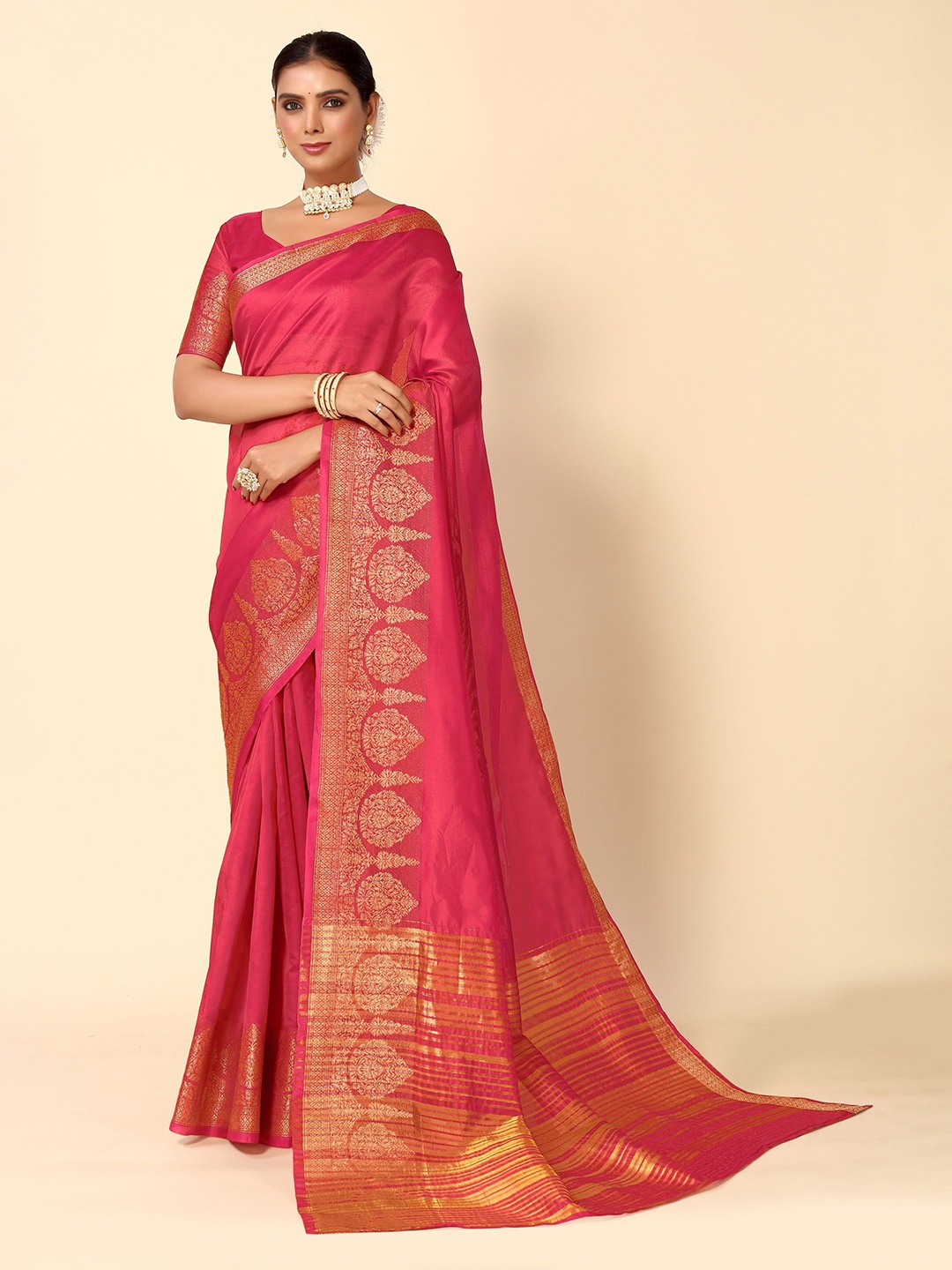 

HERE&NOW Woven Design Zari Silk Cotton Banarasi Saree, Pink