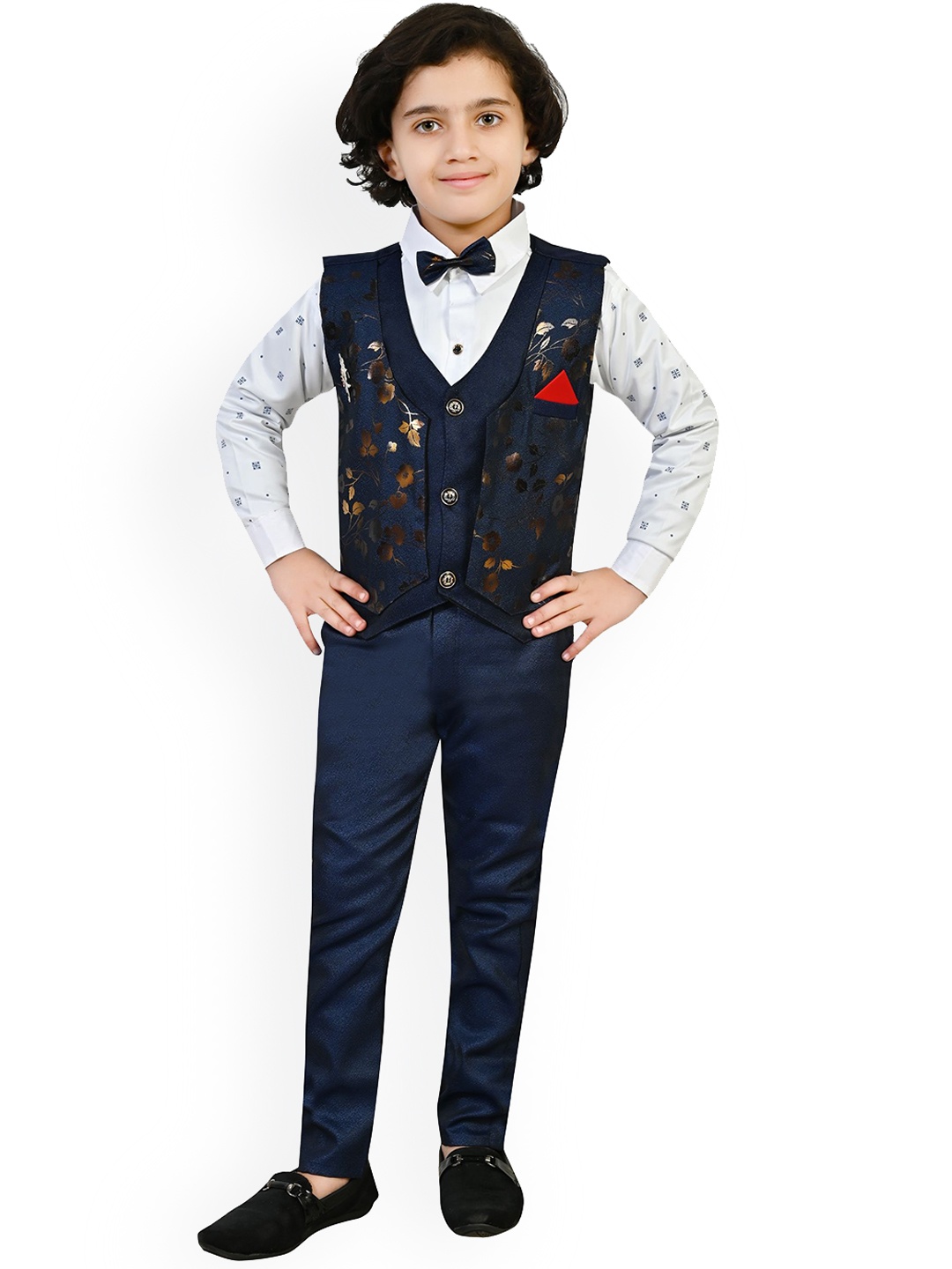 

BAESD Boys Printed Pure Cotton Single Breasted Three Piece Party Suit, Navy blue