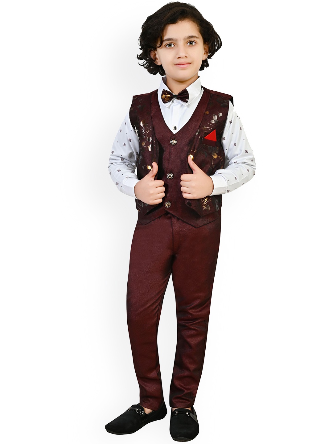 

BAESD Boys Printed Pure Cotton Single Breasted Three Piece Party Suit, Red