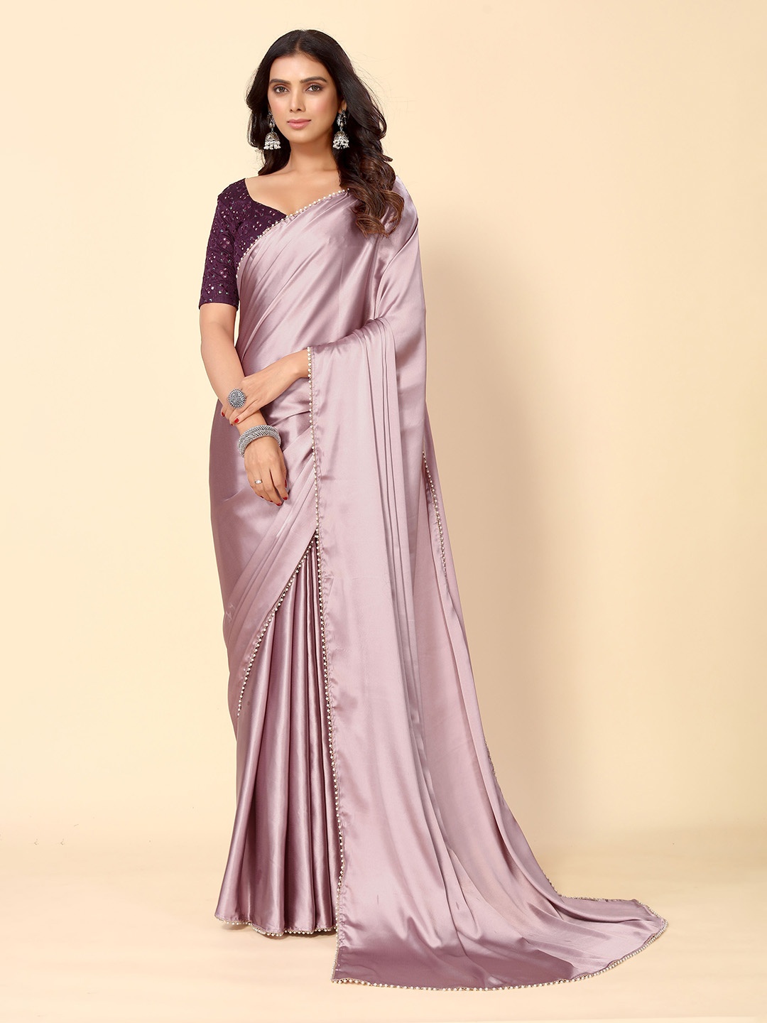 

HERE&NOW Embellished Beads and Stones Satin Saree, Pink