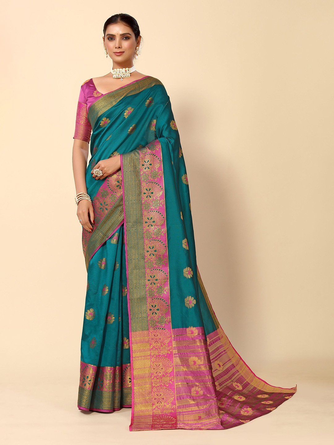 

HERE&NOW Teal & Pink Ethnic Motifs Woven Design Zari Silk Cotton Banarasi Saree