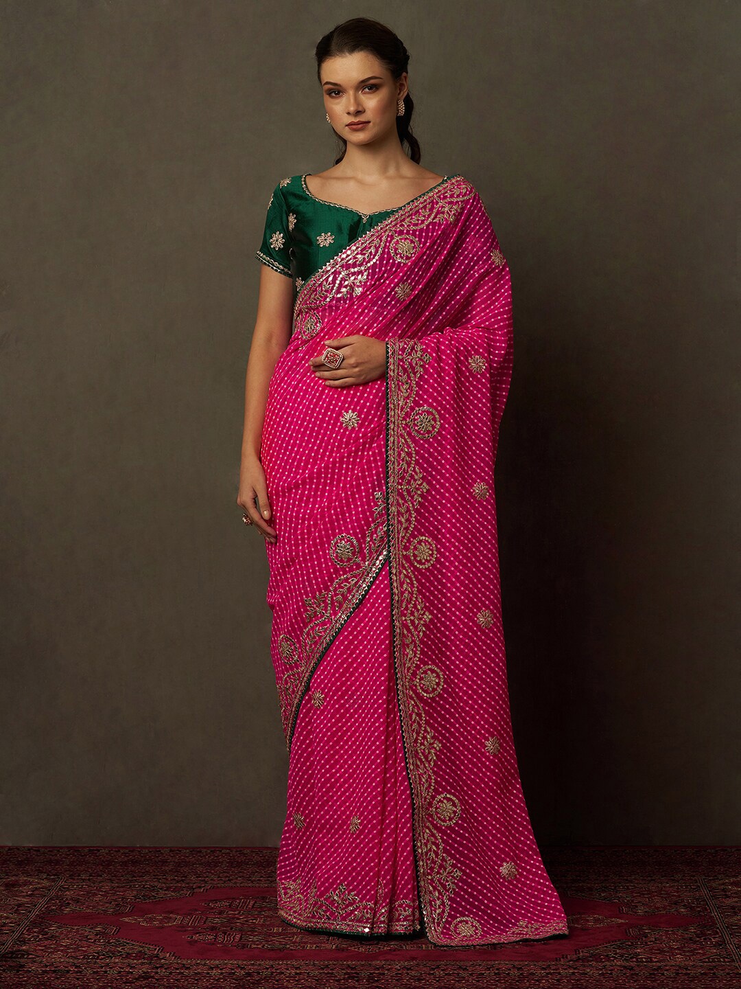

Saree mall Floral Embroidered Pure Georgette Bandhani Sarees, Pink