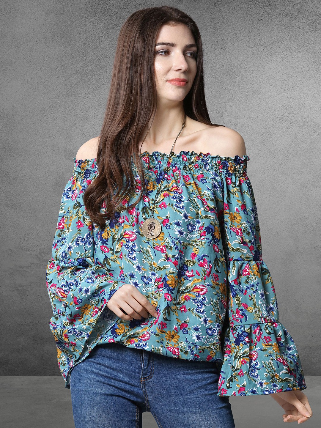 

BAESD Floral Printed Off-Shoulder Flared Sleeve Smocked Crepe Top, Blue