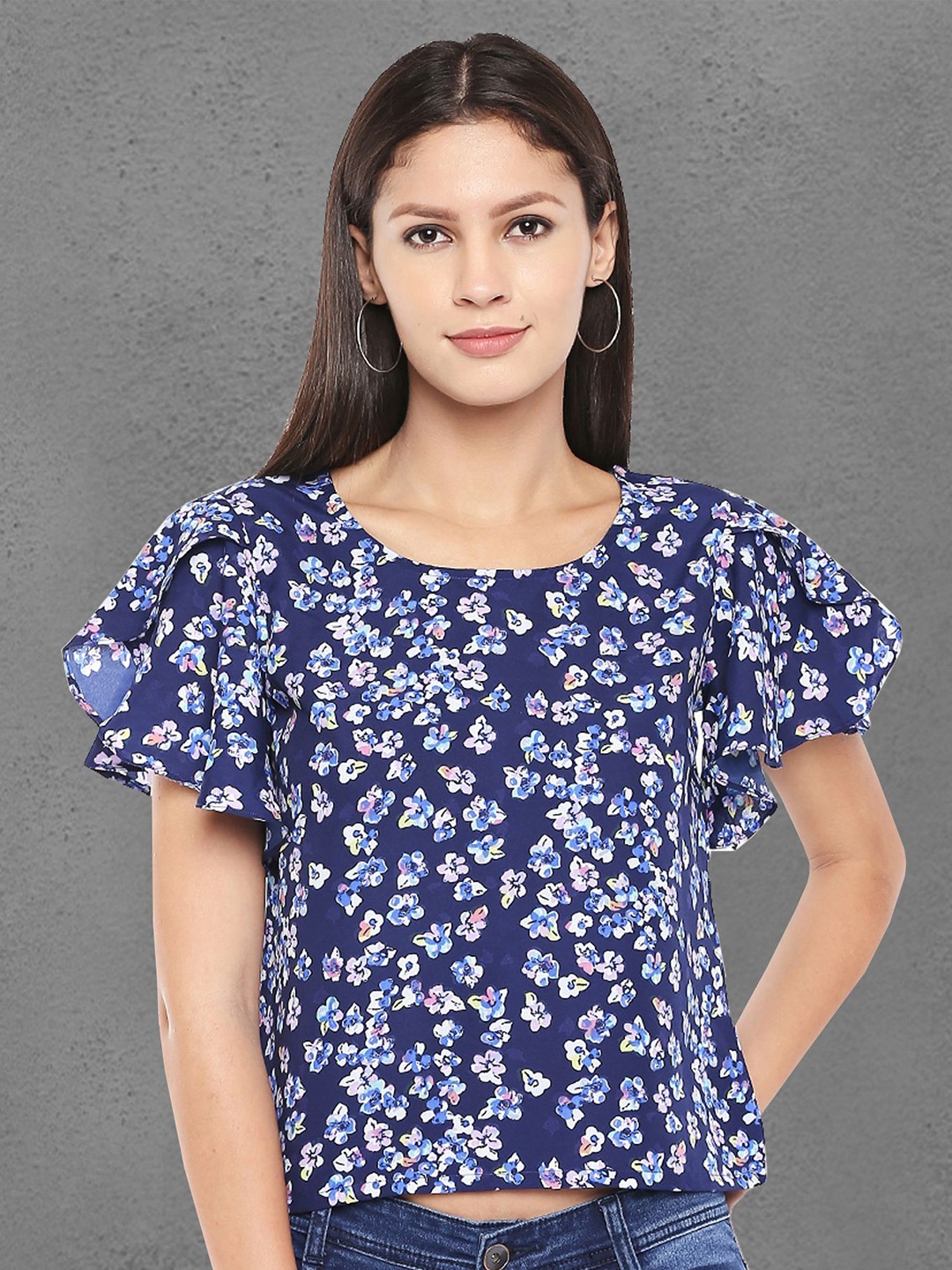 

BAESD Floral Printed Flutter Sleeves Top, Blue