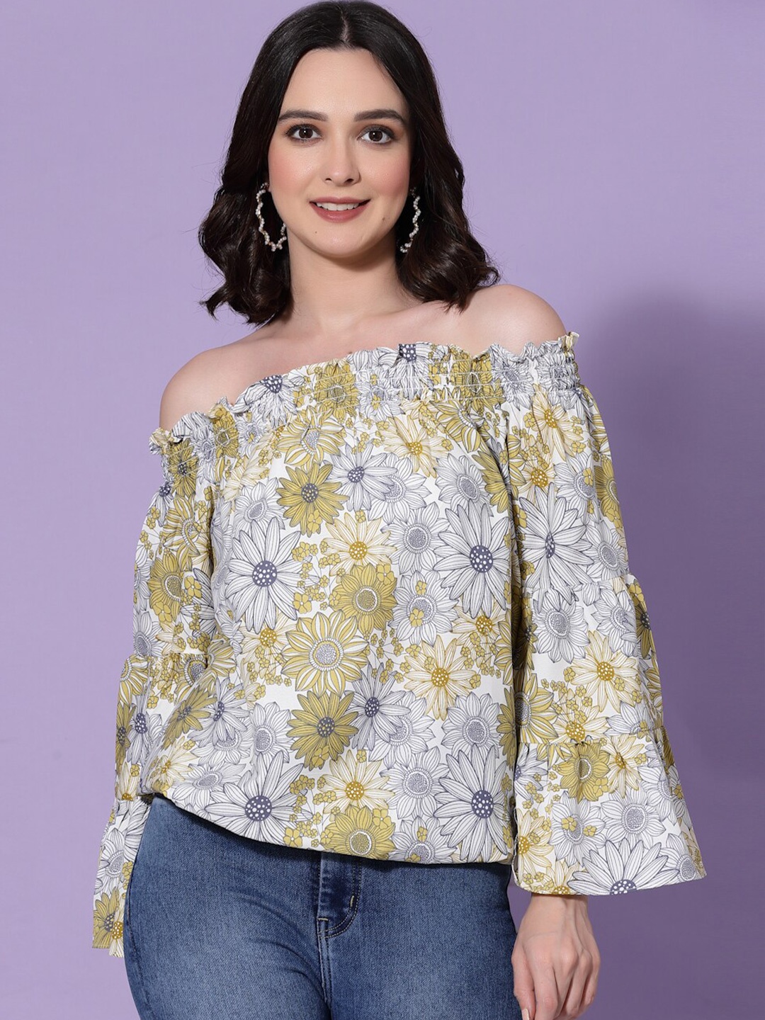 

BAESD Floral Print Off-Shoulder Flared Sleeve Smocked Crepe Top, Yellow