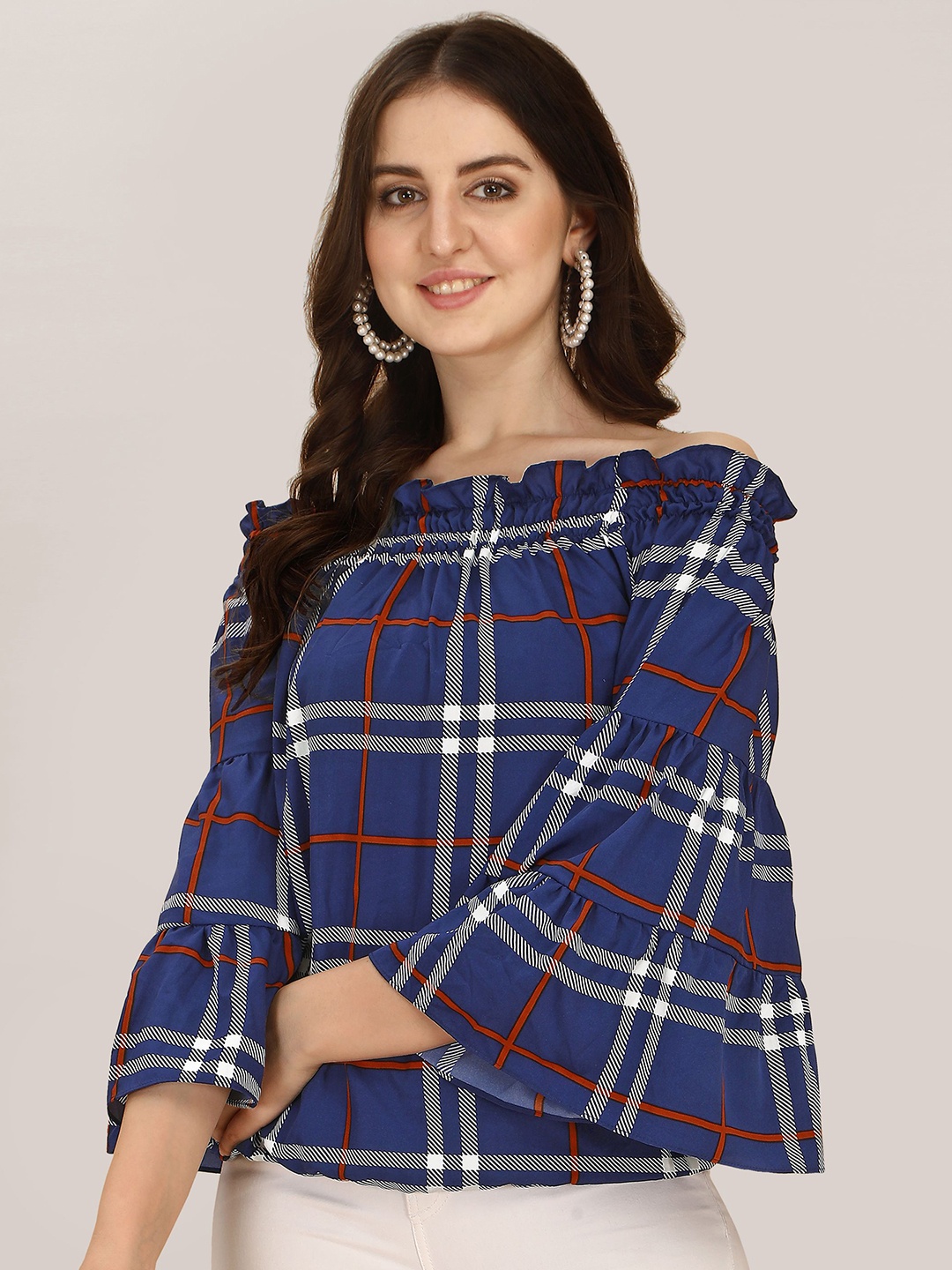

BAESD Checked Bell Sleeves Bardot Top, Blue