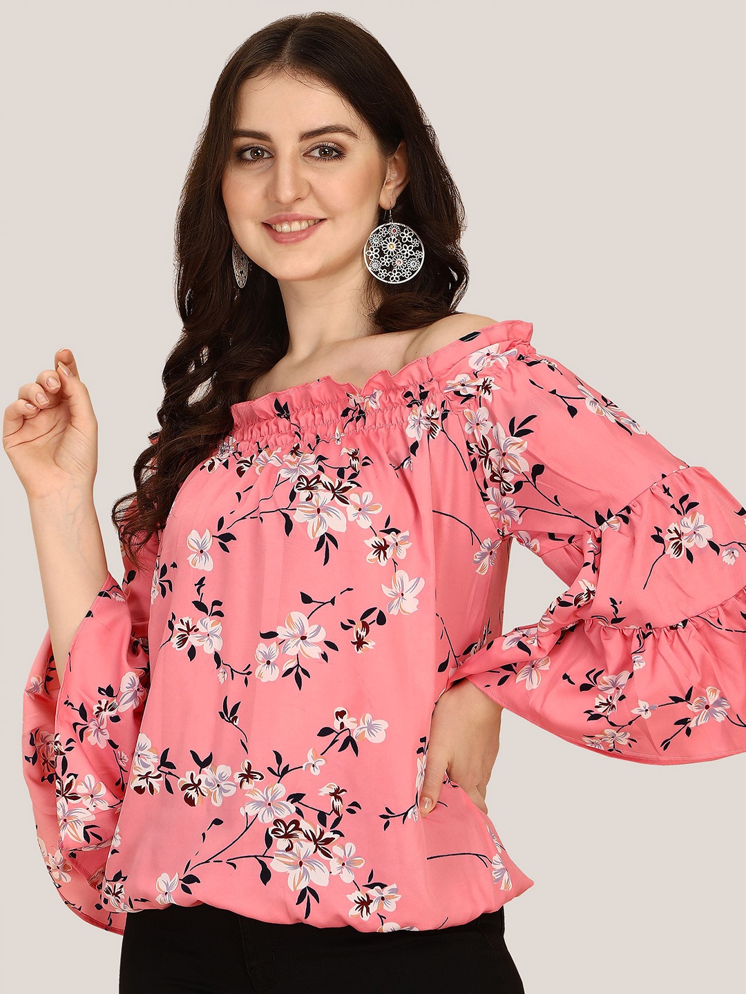 

BAESD Floral Printed Off-Shoulder Flared Sleeves Blouson Top, Pink