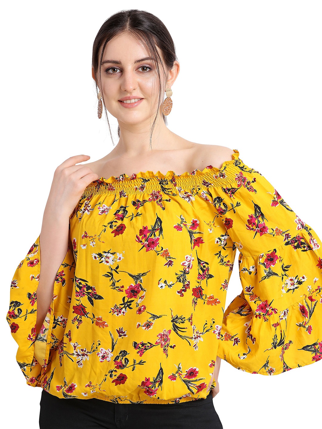

BAESD Geometric Print Off-Shoulder Flared Sleeve Smocked Crepe Top, Yellow