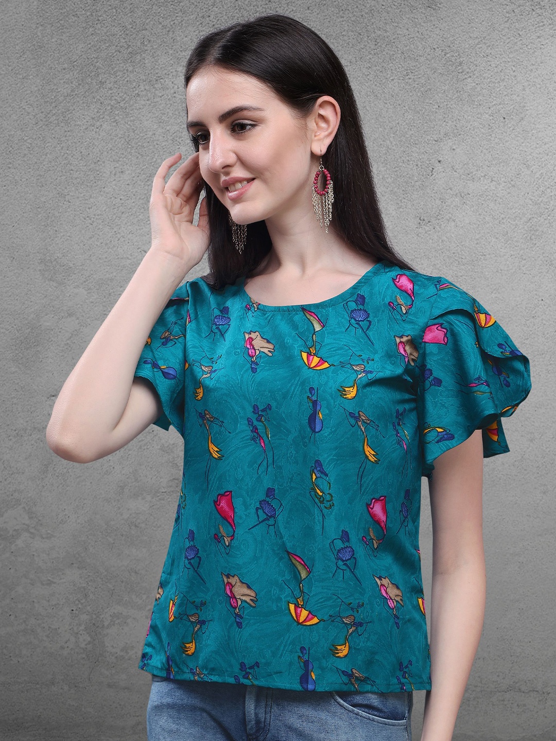 

BAESD Conversational Printed Flutter Sleeves Top, Blue