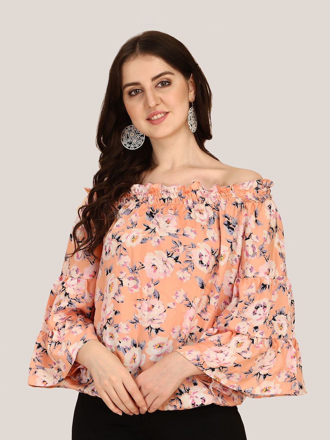 

BAESD Floral Printed Off-Shoulder Flared Sleeves Smocked Bardot Top, Orange
