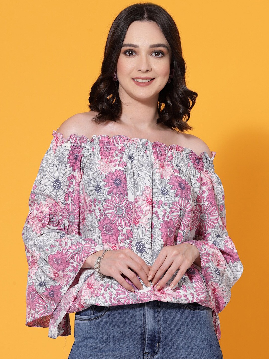 

BAESD Floral Print Off-Shoulder Flared Sleeve Smocked Crepe Top, Pink