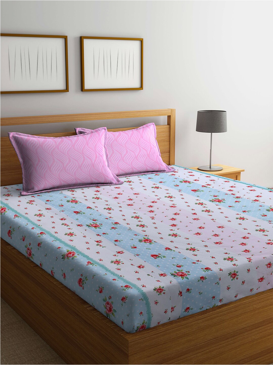 

KLOTTHE White & Pink Printed 300 TC Fitted King Bedsheet With 2 Pillow Covers