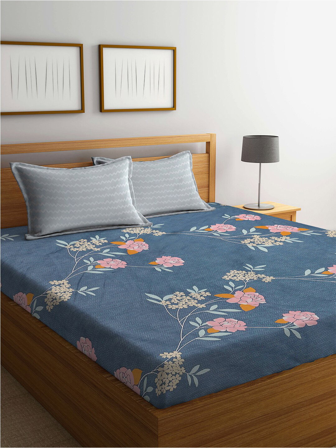 

KLOTTHE Blue & Pink Floral Cotton Blend 300 TC King Bedsheet & 2 Pillow Covers