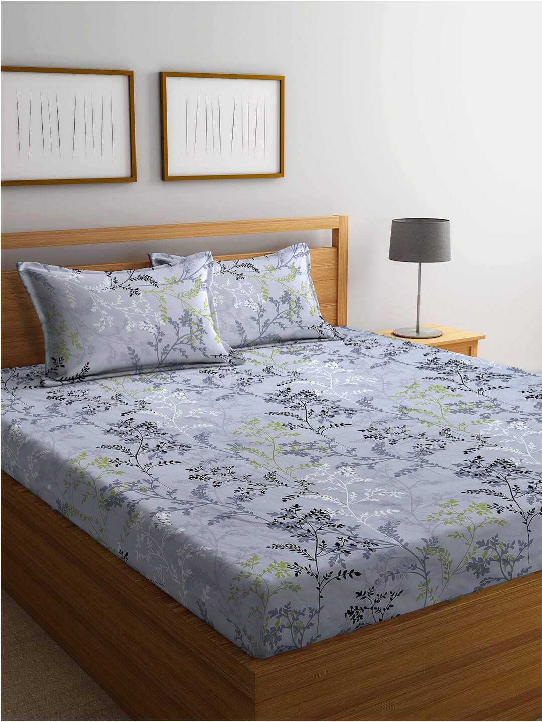 

KLOTTHE Grey & Black Floral Cotton Blend 300 TC King Bedsheet With 2 Pillow Covers