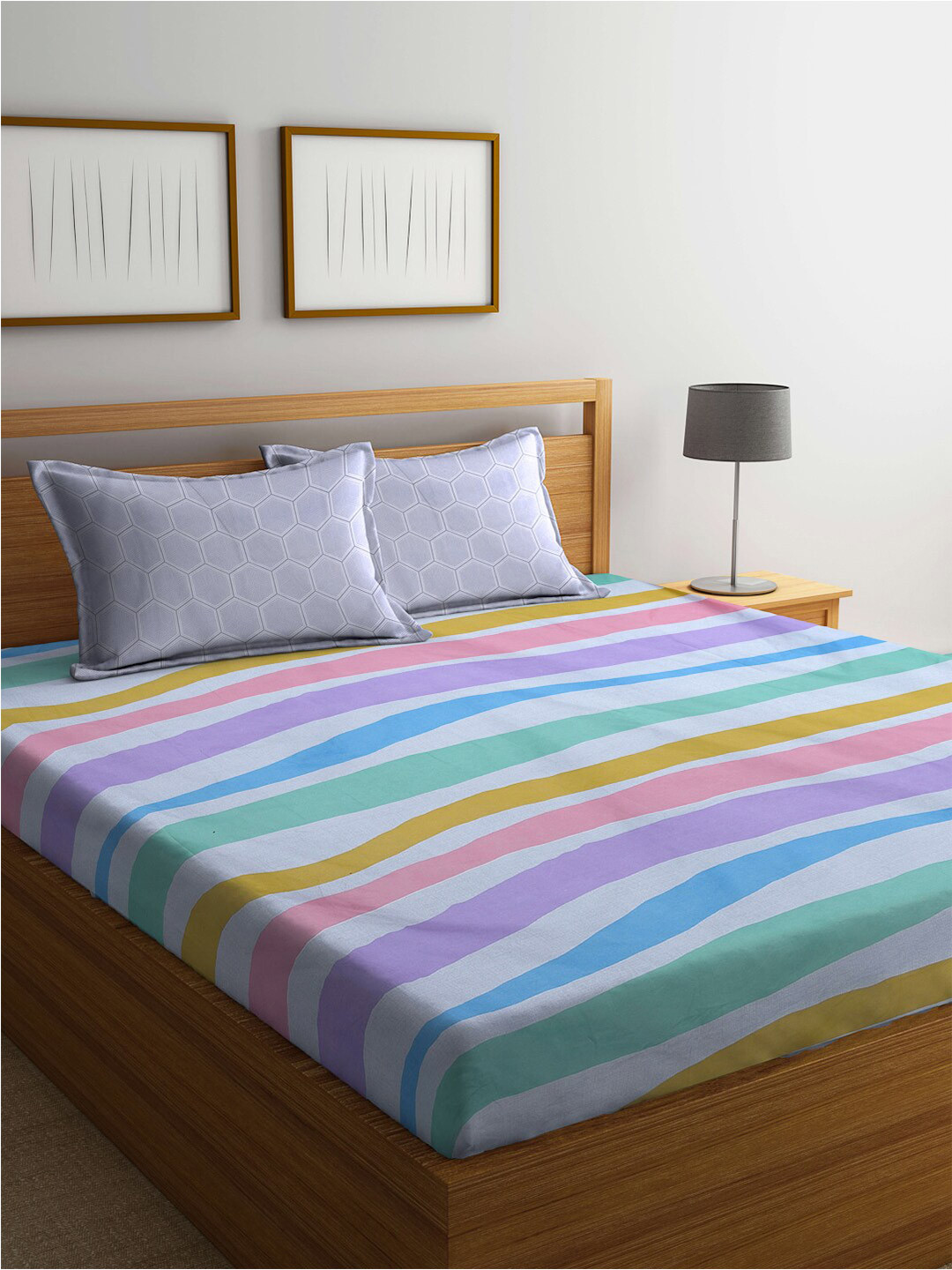 

KLOTTHE White & Blue Striped Cotton Blend 300 TC King Bedsheet With 2 Pillow Covers