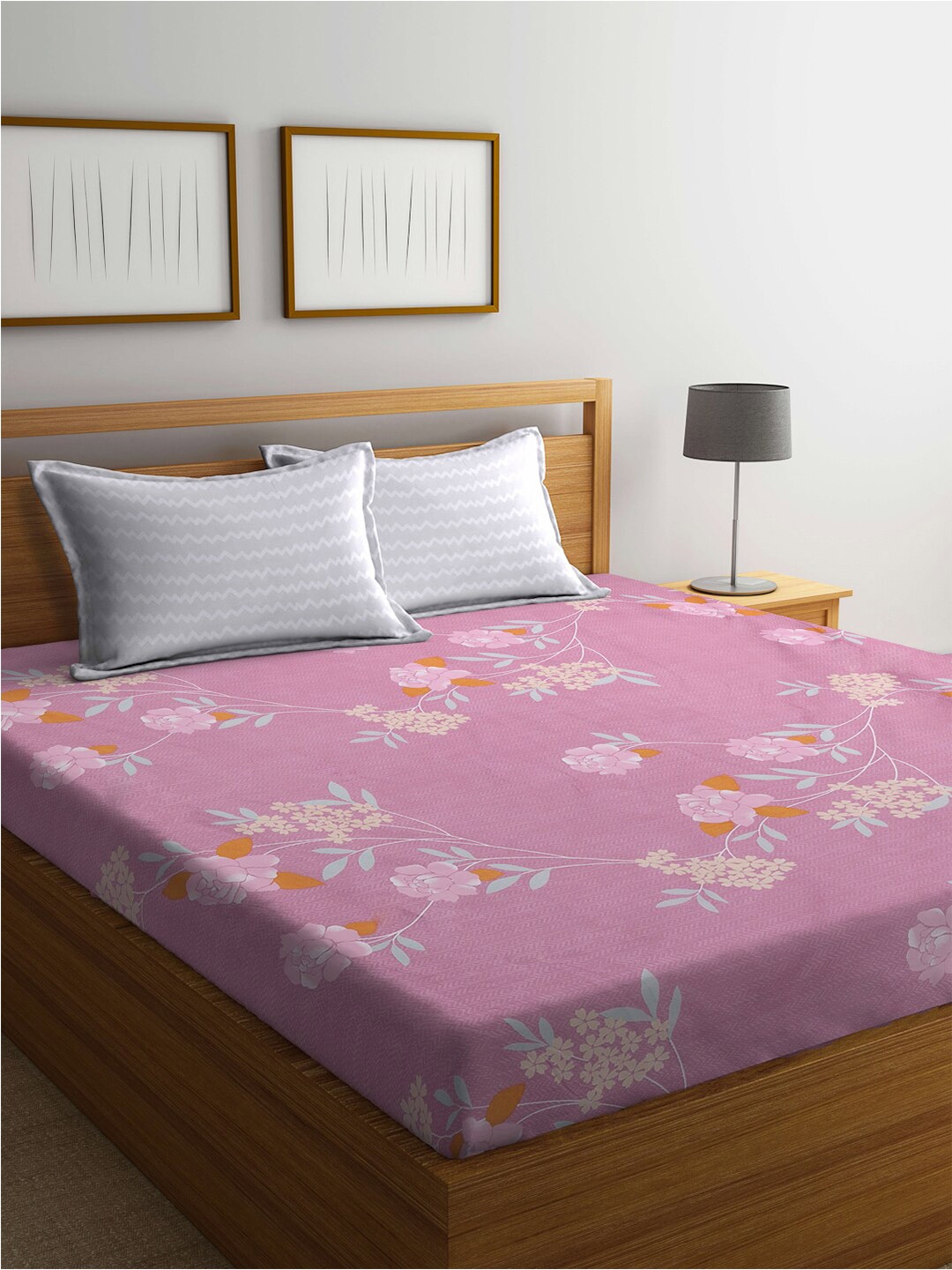 

KLOTTHE Pink Floral 300 TC Double King Fitted Bedsheet With 2 Pillow Covers