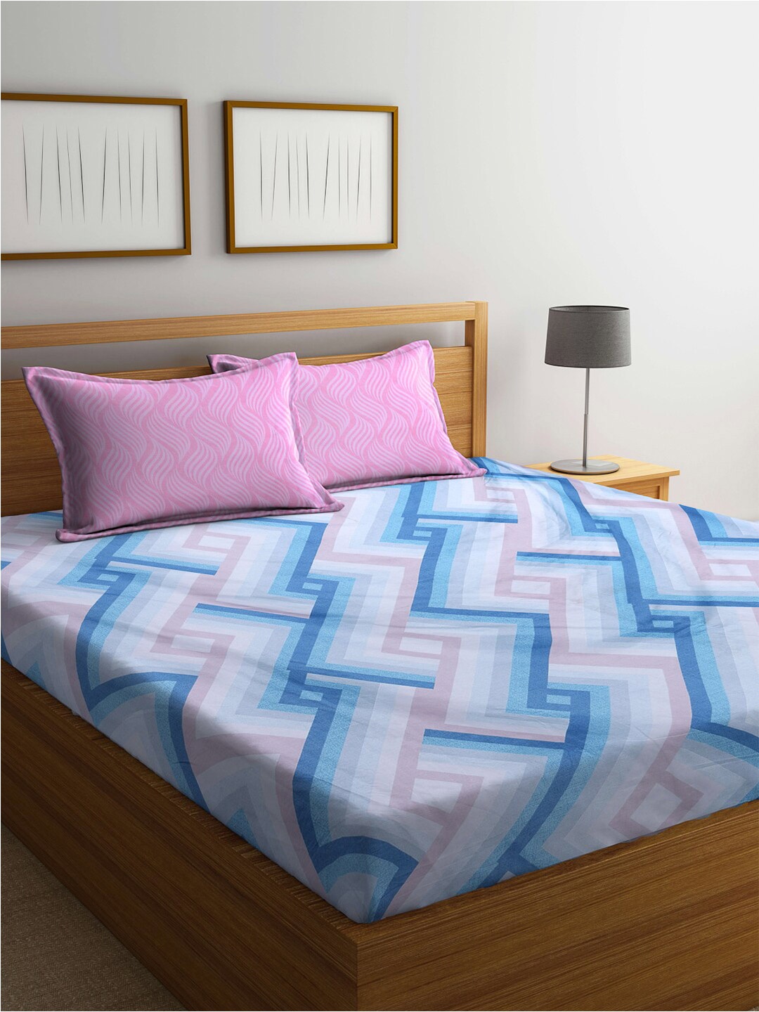 

KLOTTHE Blue Printed 300 TC Fitted Double King Bedsheet With 2 Pillow Covers